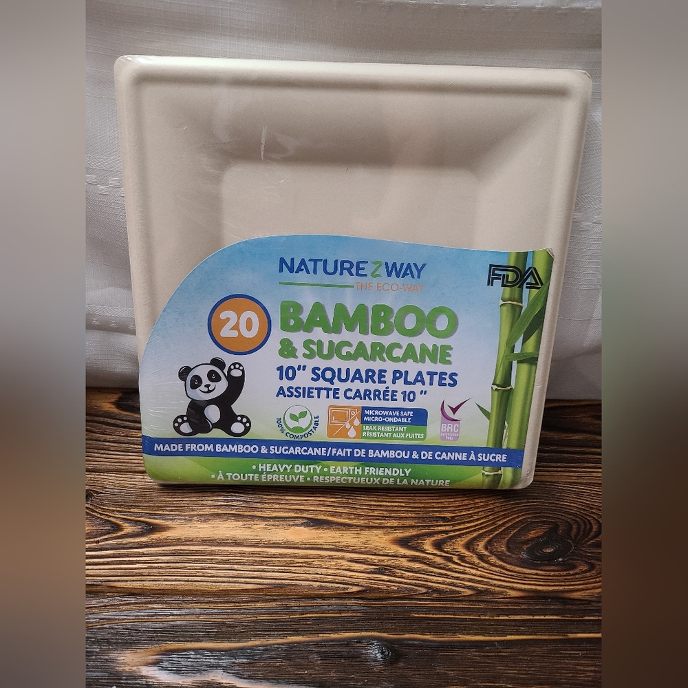 NatureZWay 10" Square Bamboo and Sugar Cane Plates 20 Pack